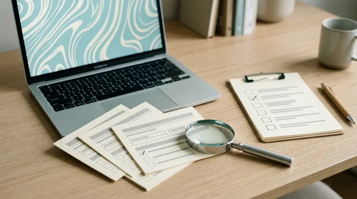 Documents and screen cards arranged as an official check workflow
